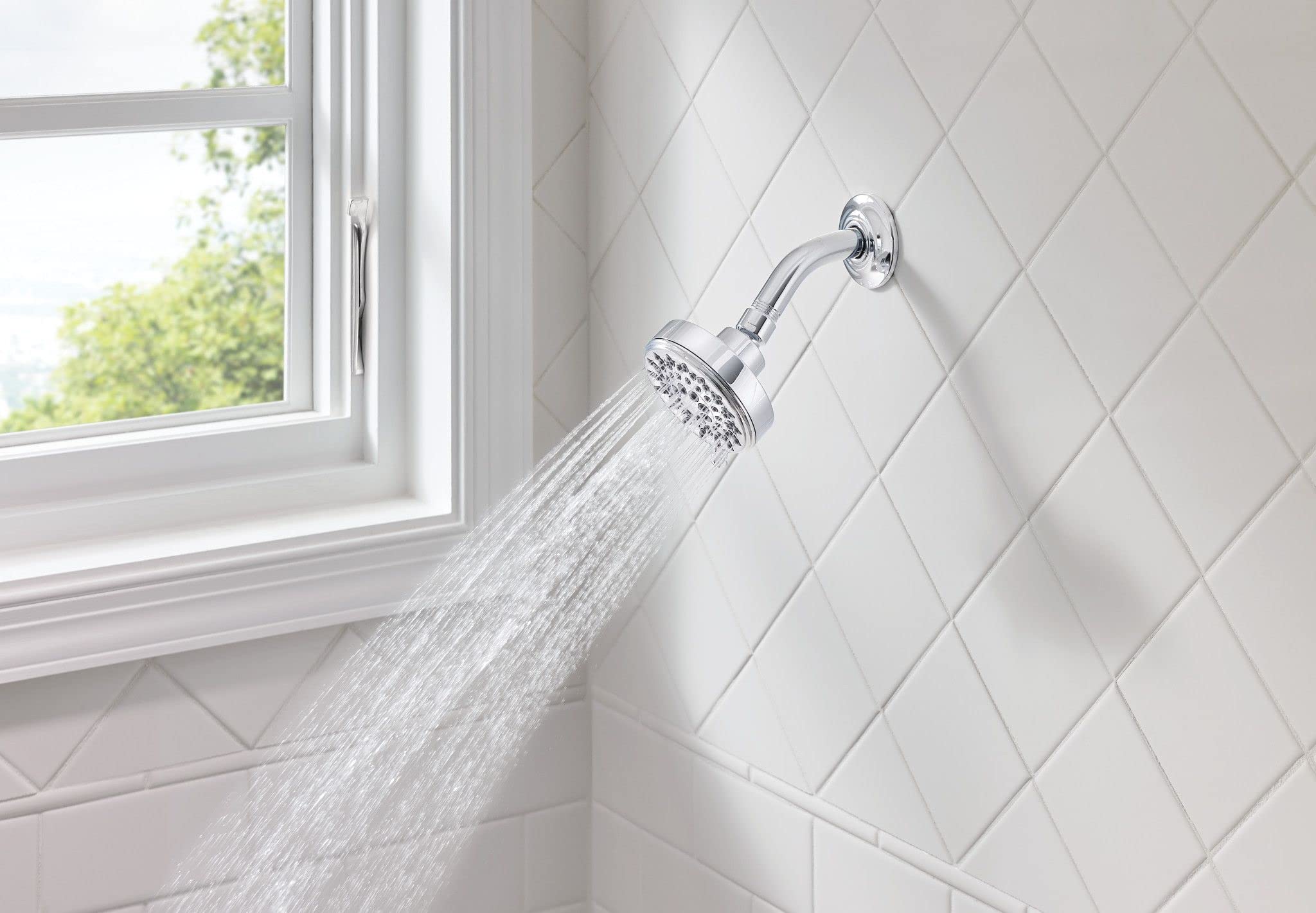 Moen Ignite mounted on shower arm illustrating easy installation benefit