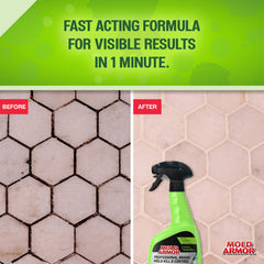 Mold Armor spray aplicado en superficie laminada indicando eliminación de manchas