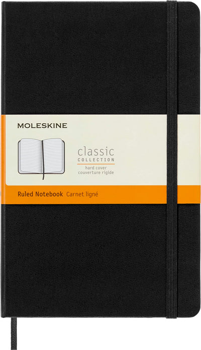 Moleskine cuaderno clásico frente negro mostrando tapa dura y elegancia