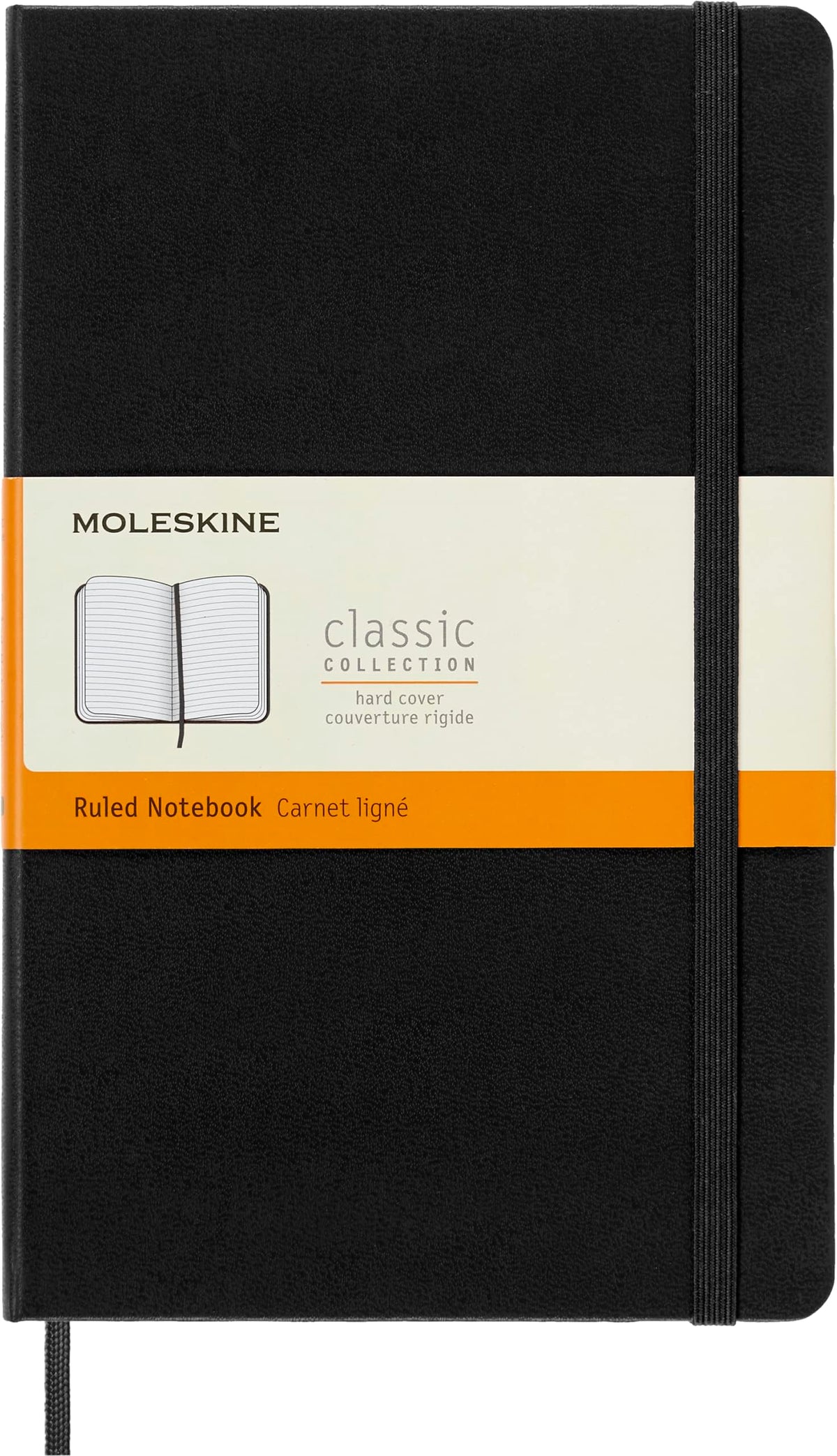 Moleskine cuaderno clásico frente negro mostrando tapa dura y elegancia