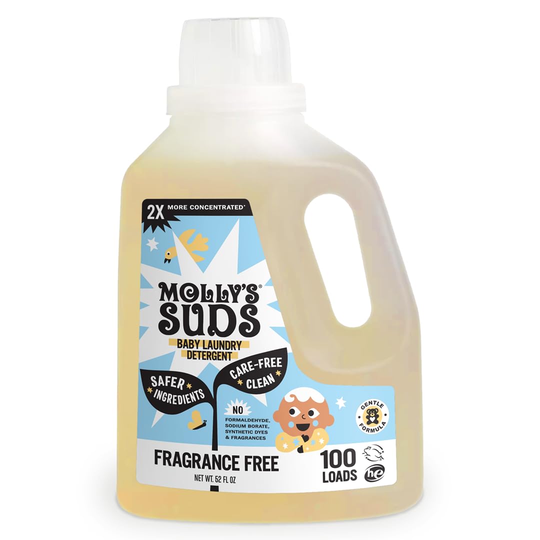 Molly's Suds botella frontal mostrando etiqueta clara y beneficios suaves