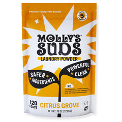 Molly's Suds empaque delantero Citrus Grove mostrando tamaño y beneficio de 120 lavados