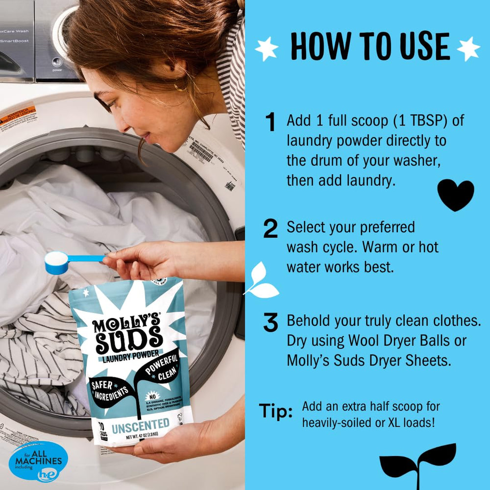 Molly's Suds polvo disolviéndose en lavadora HE para limpieza profunda segura