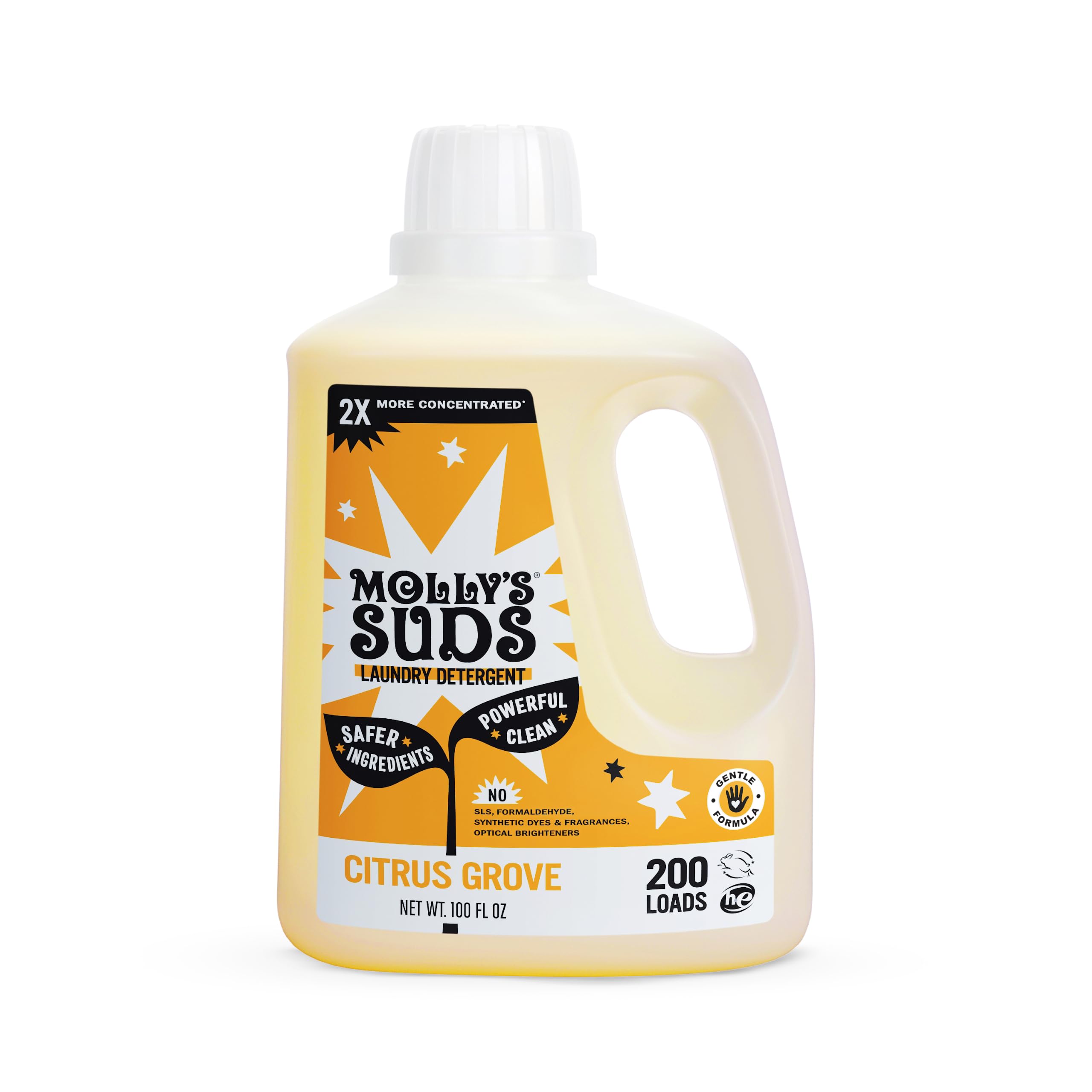 Molly's Suds frente del envase mostrando diseño y capacidad 100 oz