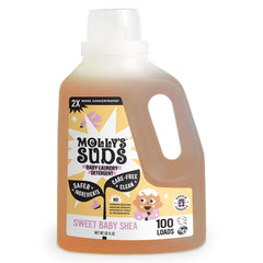 Molly's Suds envase frontal mostrando etiqueta y beneficio suave para bebés