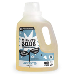 Molly's Suds front label showing unscented concentrated formula and easy dosing benefits