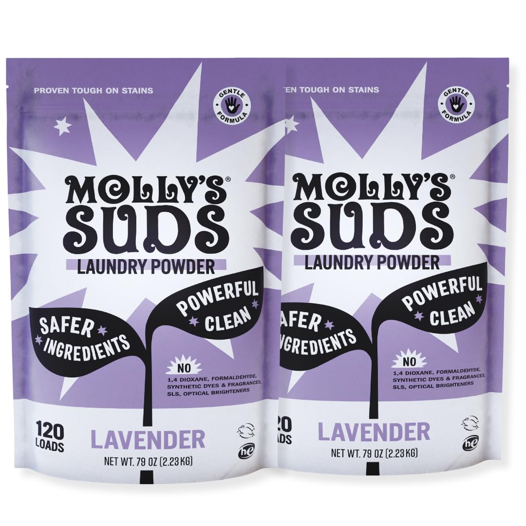 Molly's Suds front packaging showing lavender scent and clean-label benefits