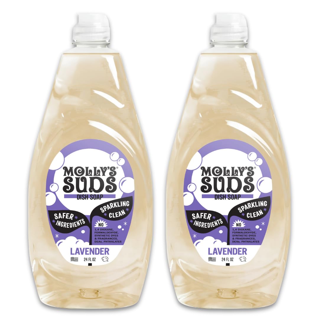 Molly's Suds frontal botella lavanda mostrando diseño y volumen