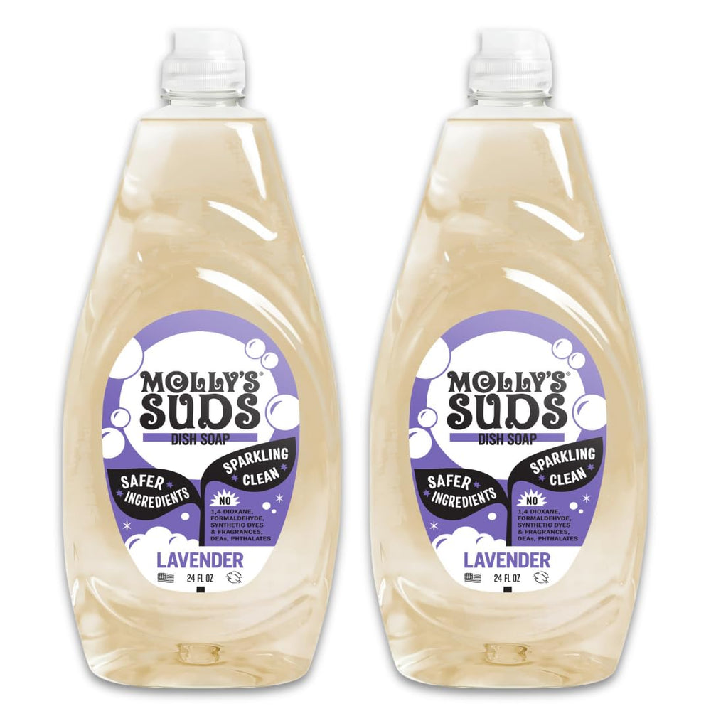 Molly's Suds frontal botella lavanda mostrando diseño y volumen