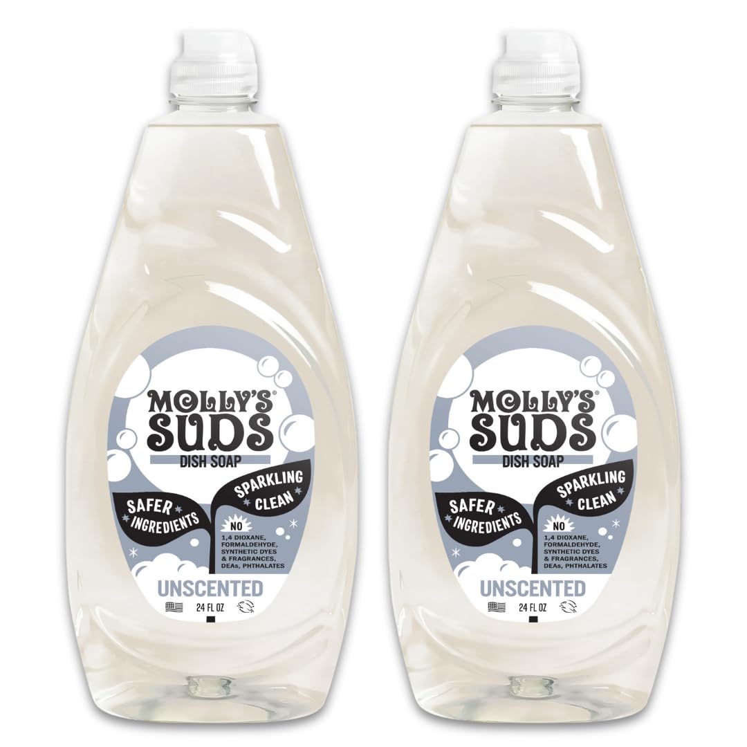 Molly's Suds frontal del paquete mostrando las dos botellas y beneficio de limpieza potente