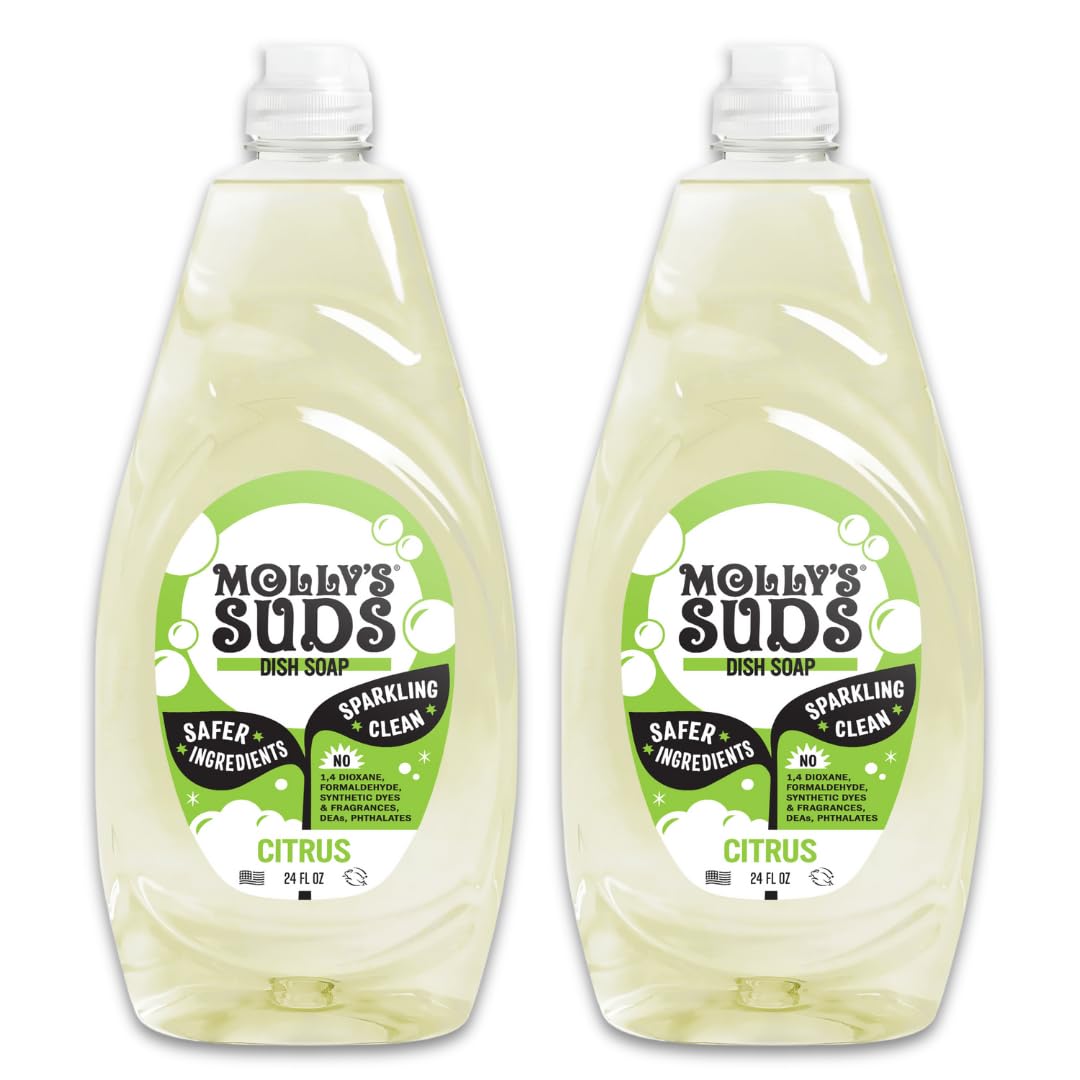 Molly's Suds botella frontal mostrando etiqueta clara y beneficios