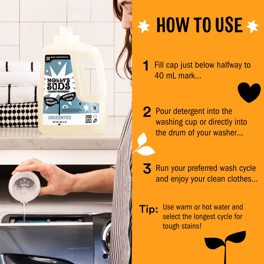 Molly's Suds beside common household items to show 52 oz scale and long-lasting 100 loads benefit