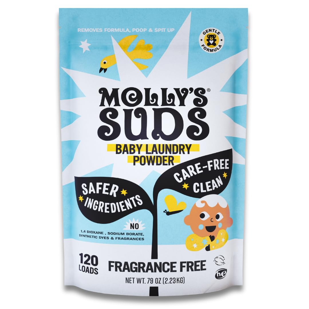 Molly's Suds frente del empaque mostrando tamaño y etiqueta, limpieza segura