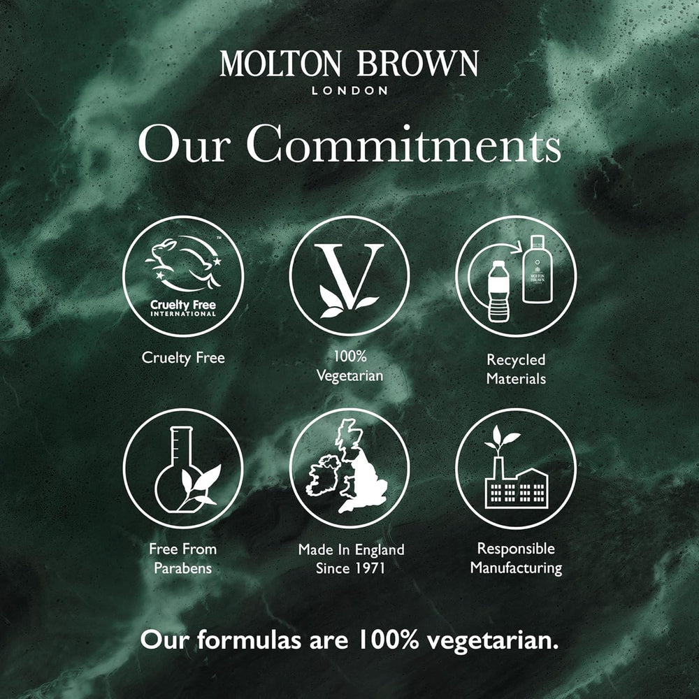 Molton Brown frasco junto a objeto para comparar tamaño y capacidad
