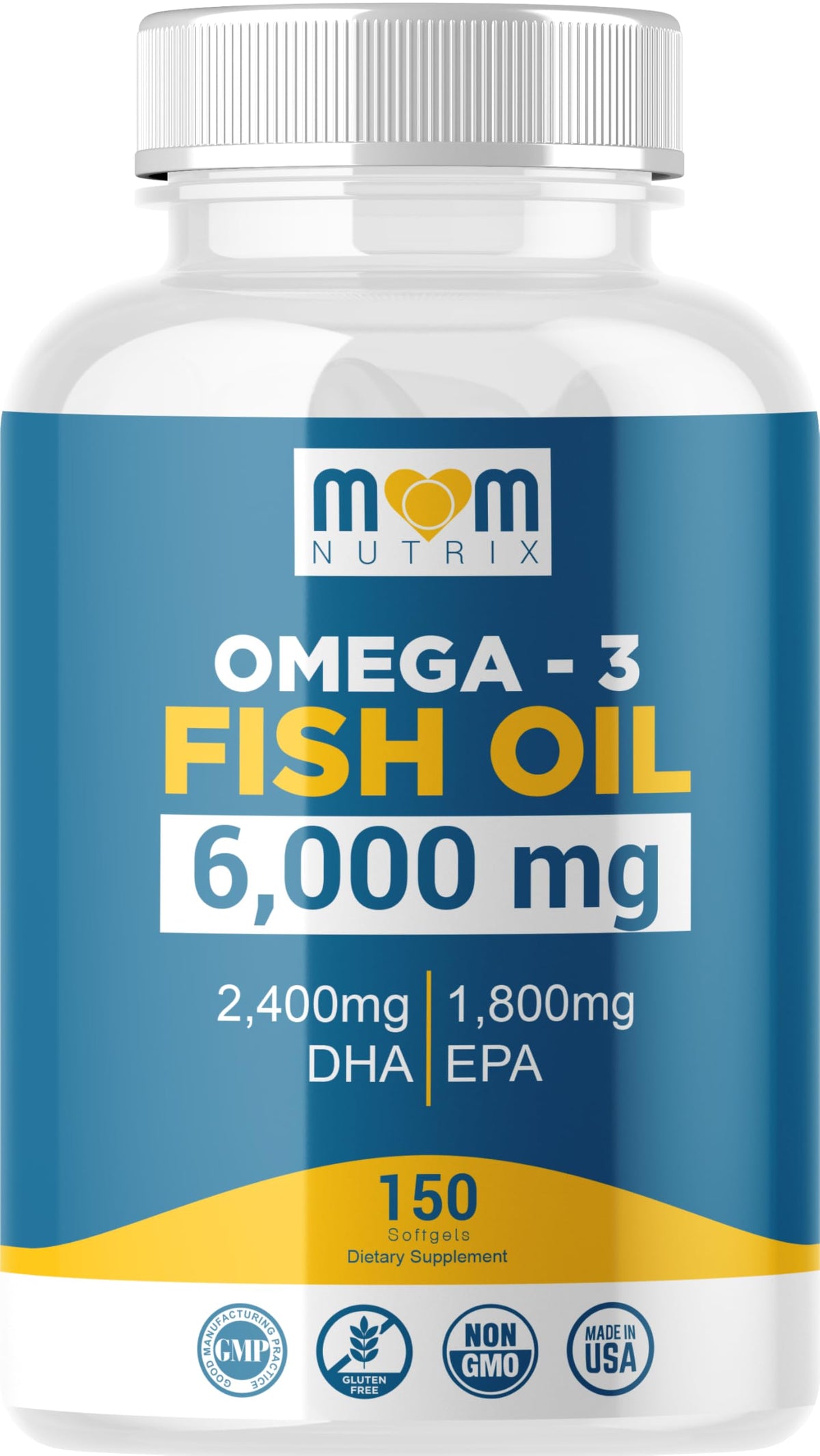 MOM NUTRIX bote frontal mostrando 150 softgels y beneficio de concentración