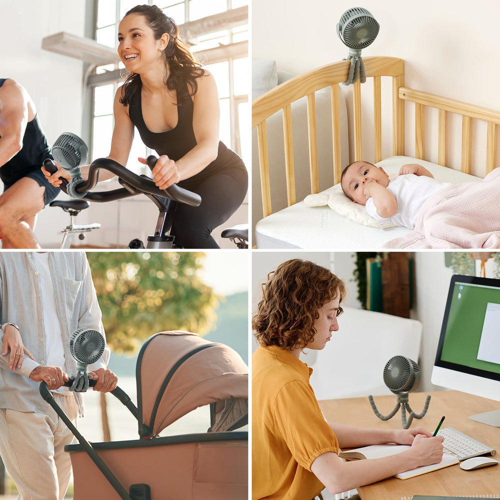 Momcozy ventilador en camping proporcionando aire fresco en exteriores