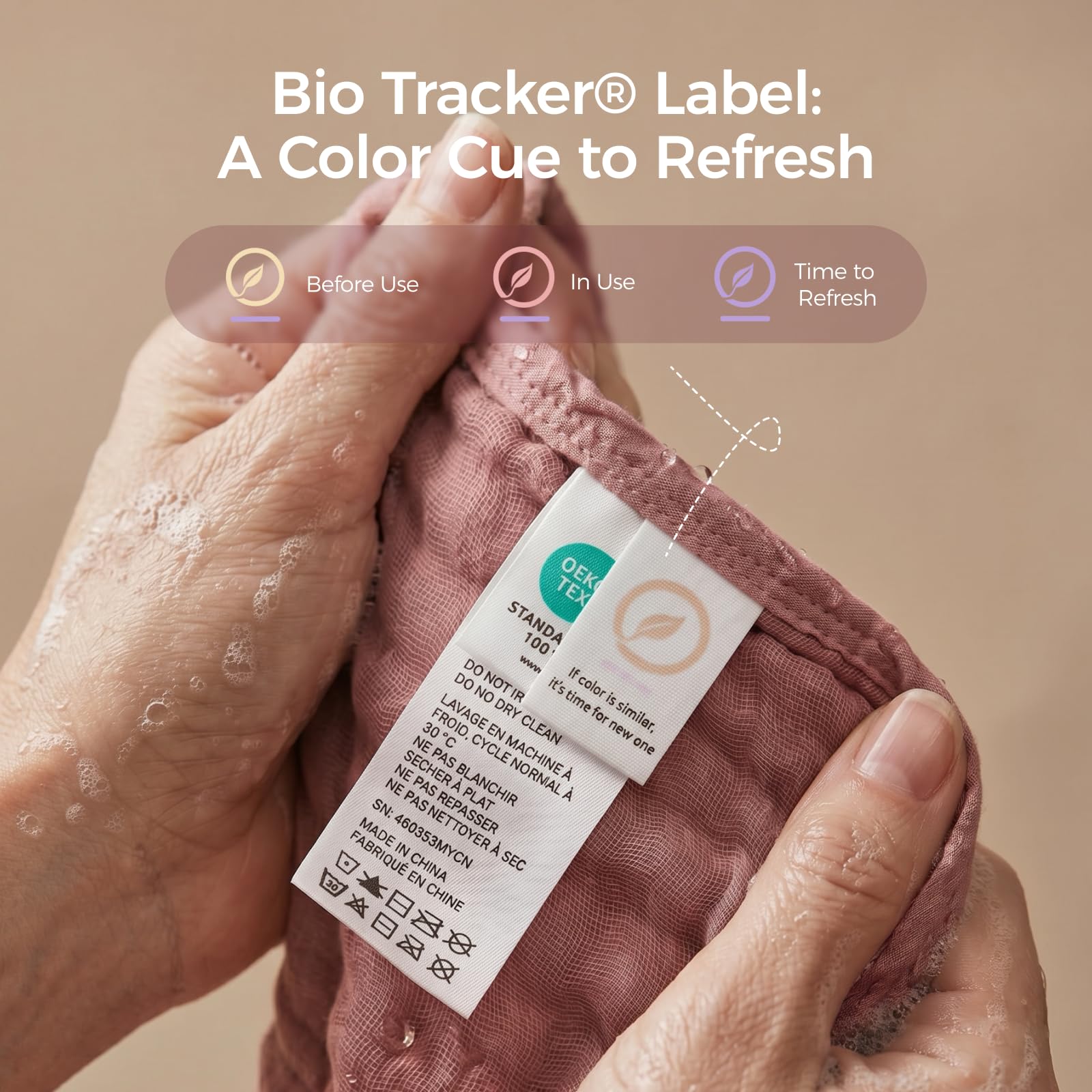 Momcozy etiqueta Bio Tracker en primer plano, recordatorio higiénico