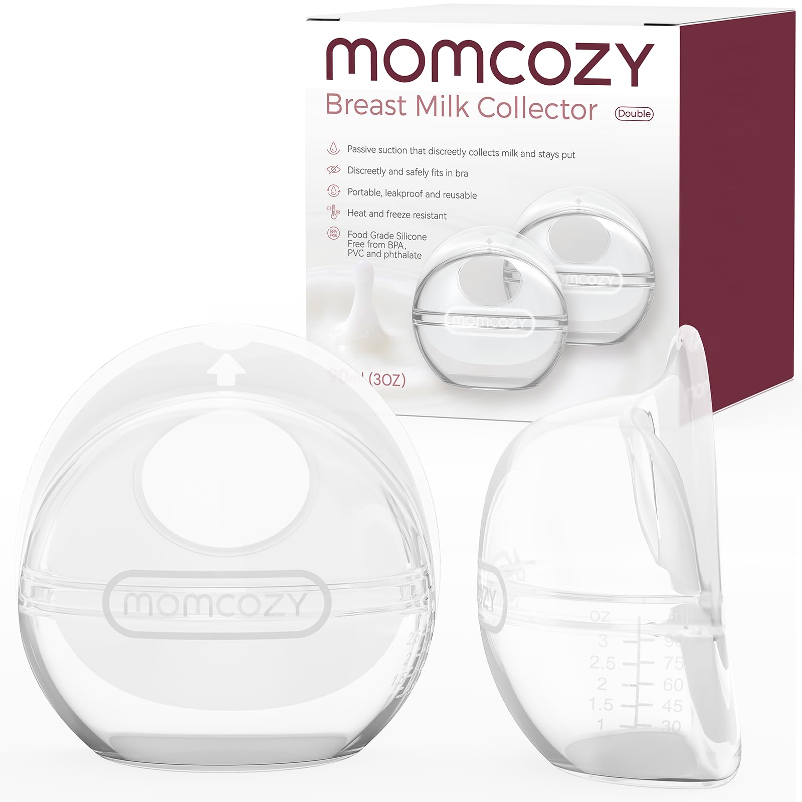 Momcozy vista frontal del colector mostrando forma y capacidad práctica