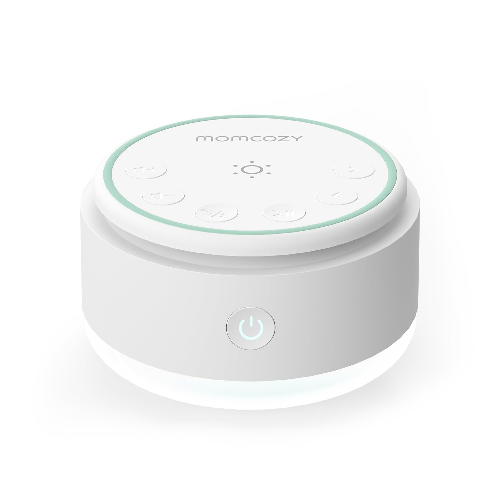 Momcozy vista frontal del dispositivo mostrando controles y diseño portátil para dormir
