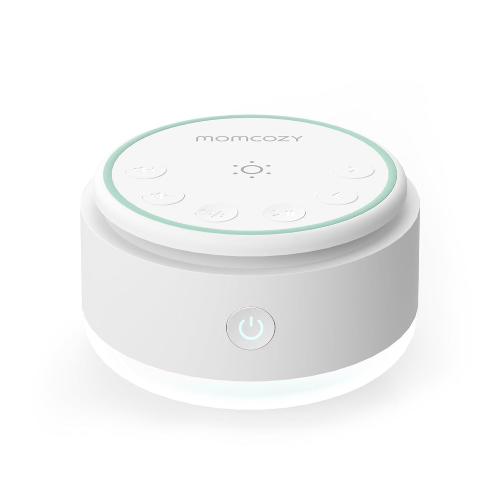 Momcozy vista frontal del dispositivo mostrando controles y diseño portátil para dormir