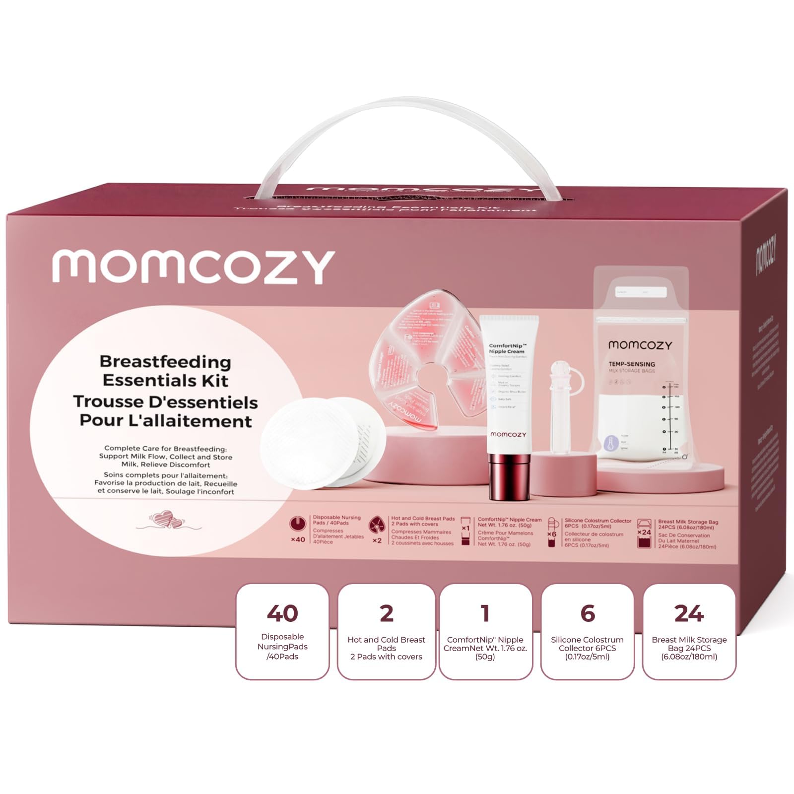 Momcozy empaque frontal del kit lactancia mostrando todas las piezas para apoyo postparto