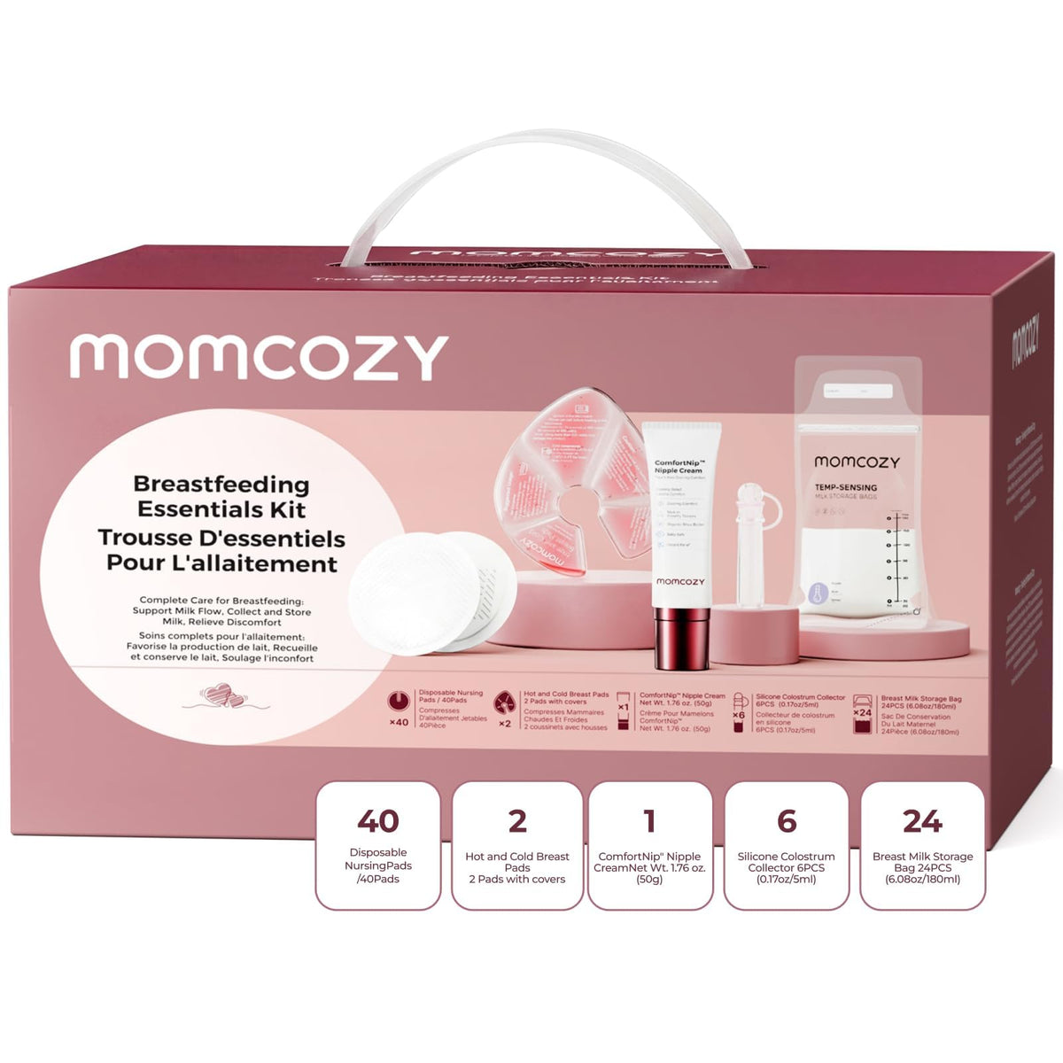 Momcozy empaque frontal del kit lactancia mostrando todas las piezas para apoyo postparto