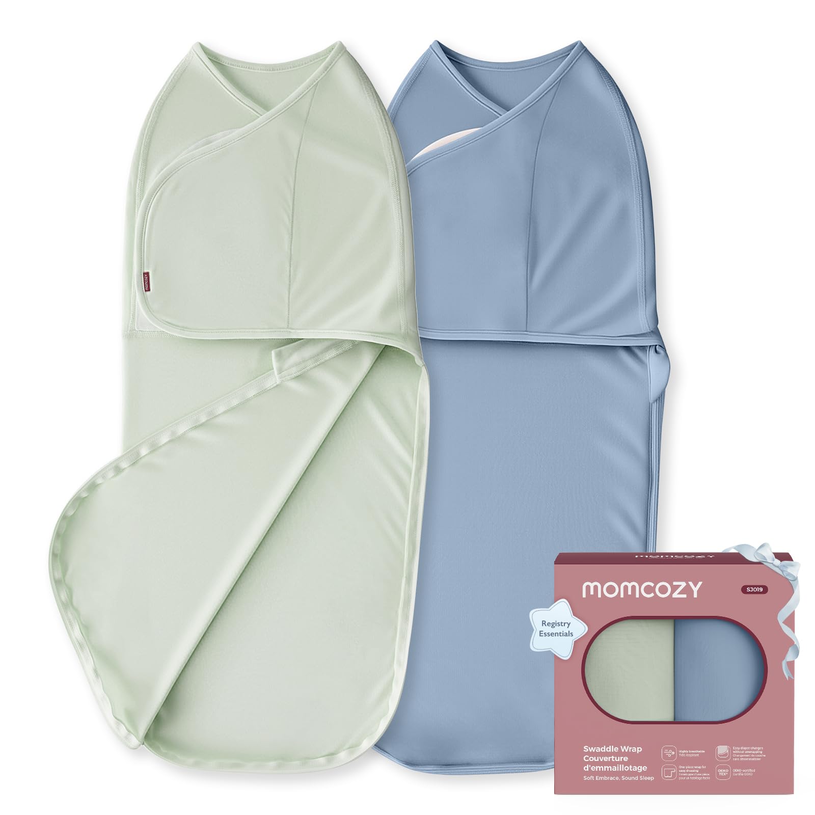 Momcozy vista frontal del swaddle mostrando el diseño y comodidad