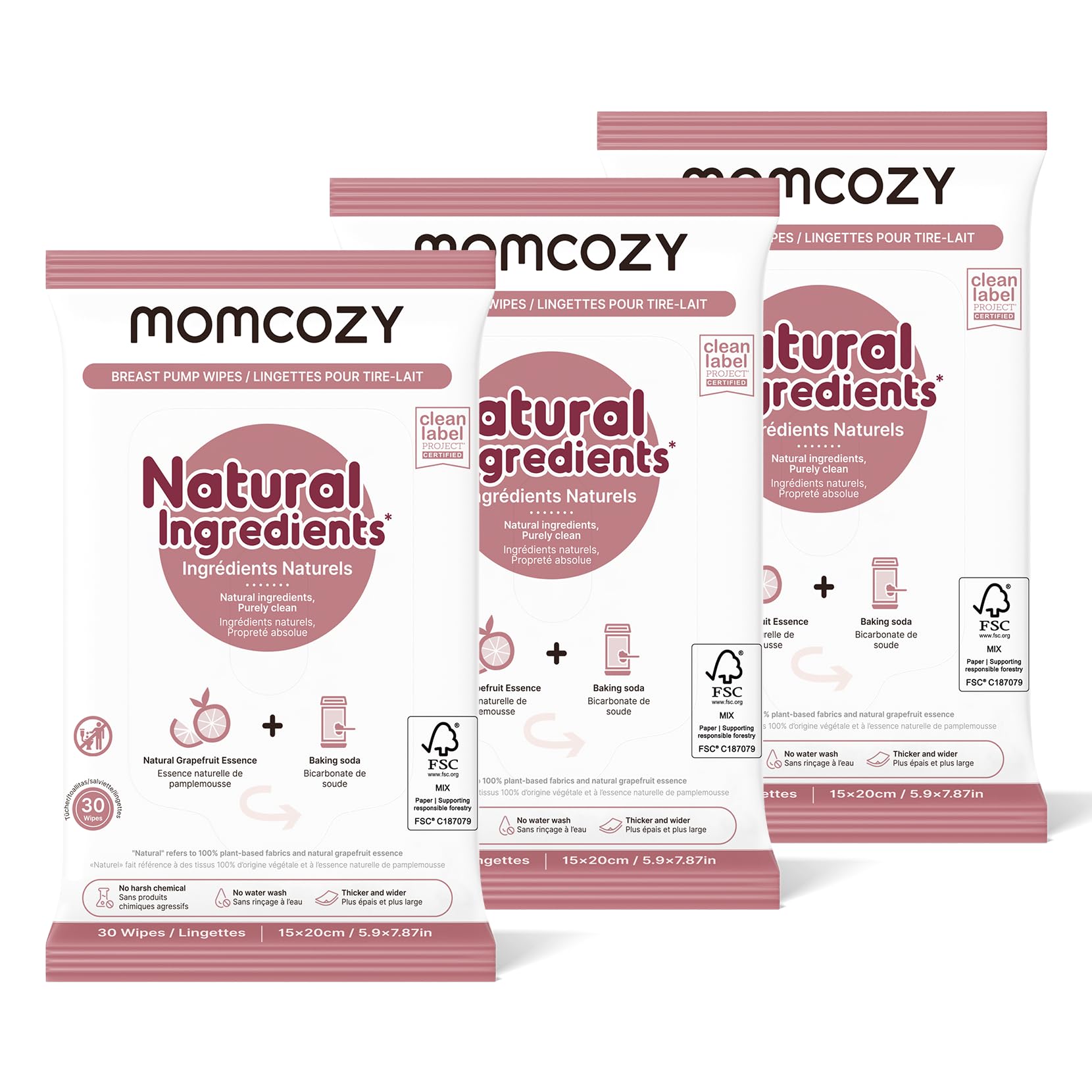Momcozy paquete frontal de toallitas mostrando diseño y cantidad útil