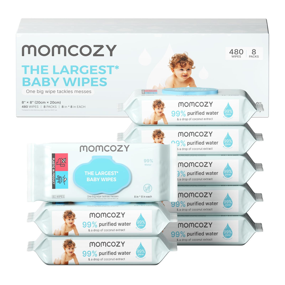 Momcozy paquete frontal mostrando diseño y cantidad, conservación de humedad