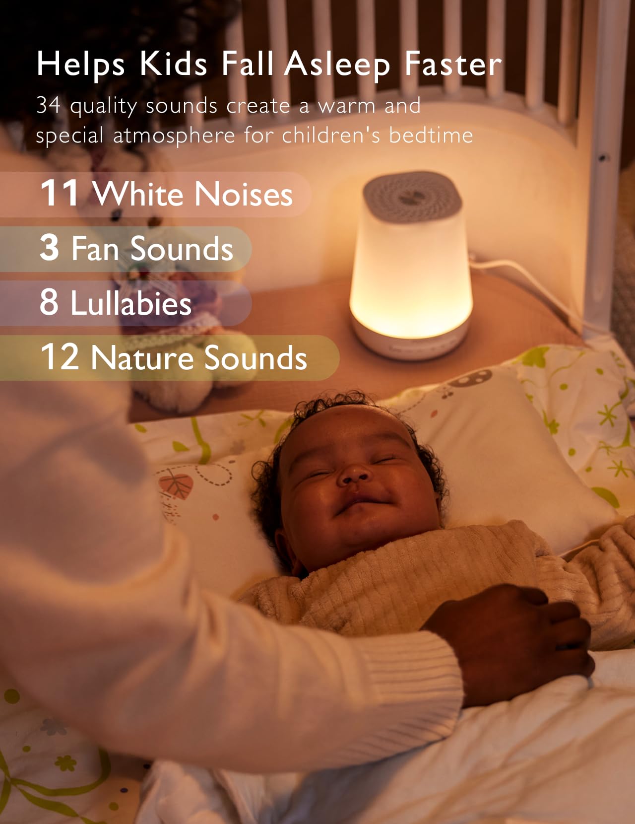 Momcozy placed on nursery nightstand next to crib, helps mask household noise during sleep