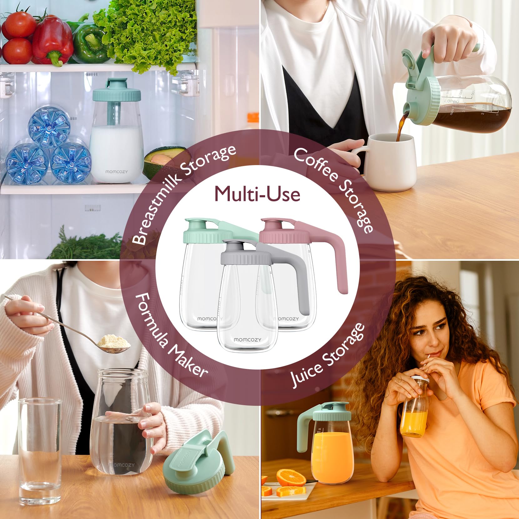 Momcozy jarra ambientada en cocina rosa versátil para bebidas y fórmulas