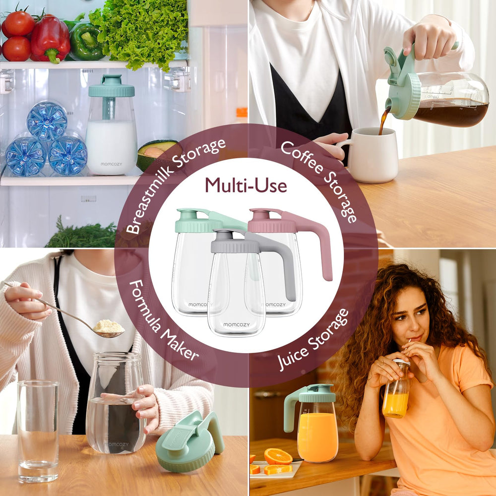 Momcozy jarra ambientada en cocina rosa versátil para bebidas y fórmulas