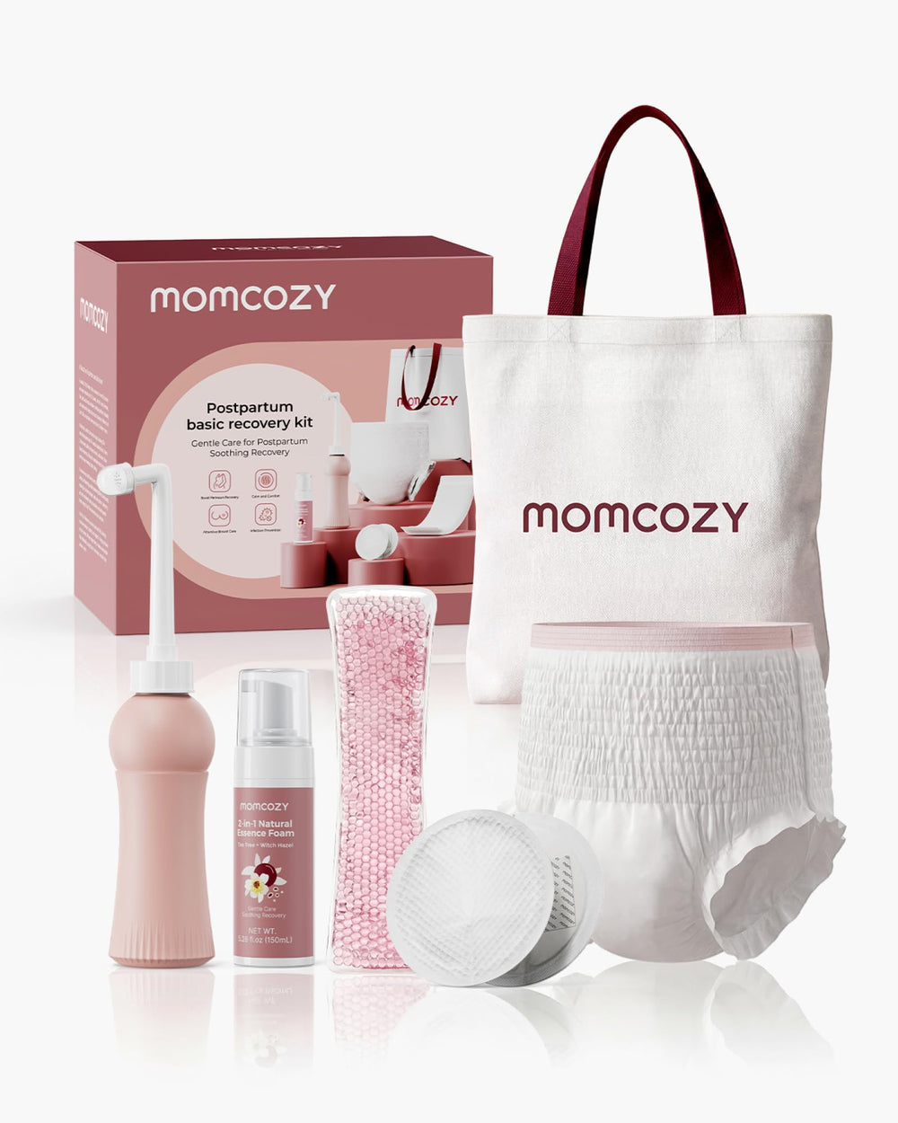 Momcozy kit postparto frontal mostrando todos los elementos, comodidad inmediata