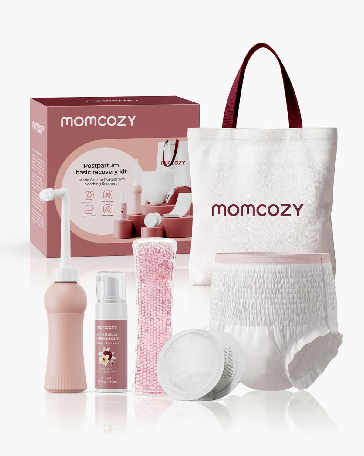 Momcozy kit postparto frontal mostrando todos los elementos, comodidad inmediata