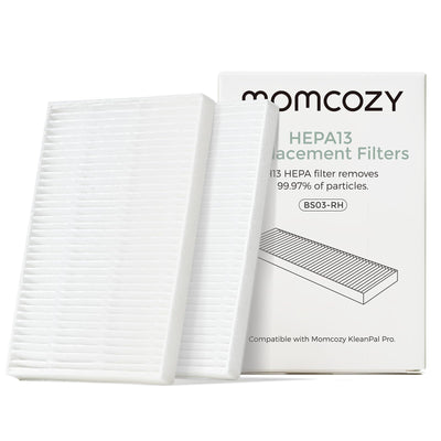 Momcozy vista frontal del empaque con dos filtros, claridad y confianza
