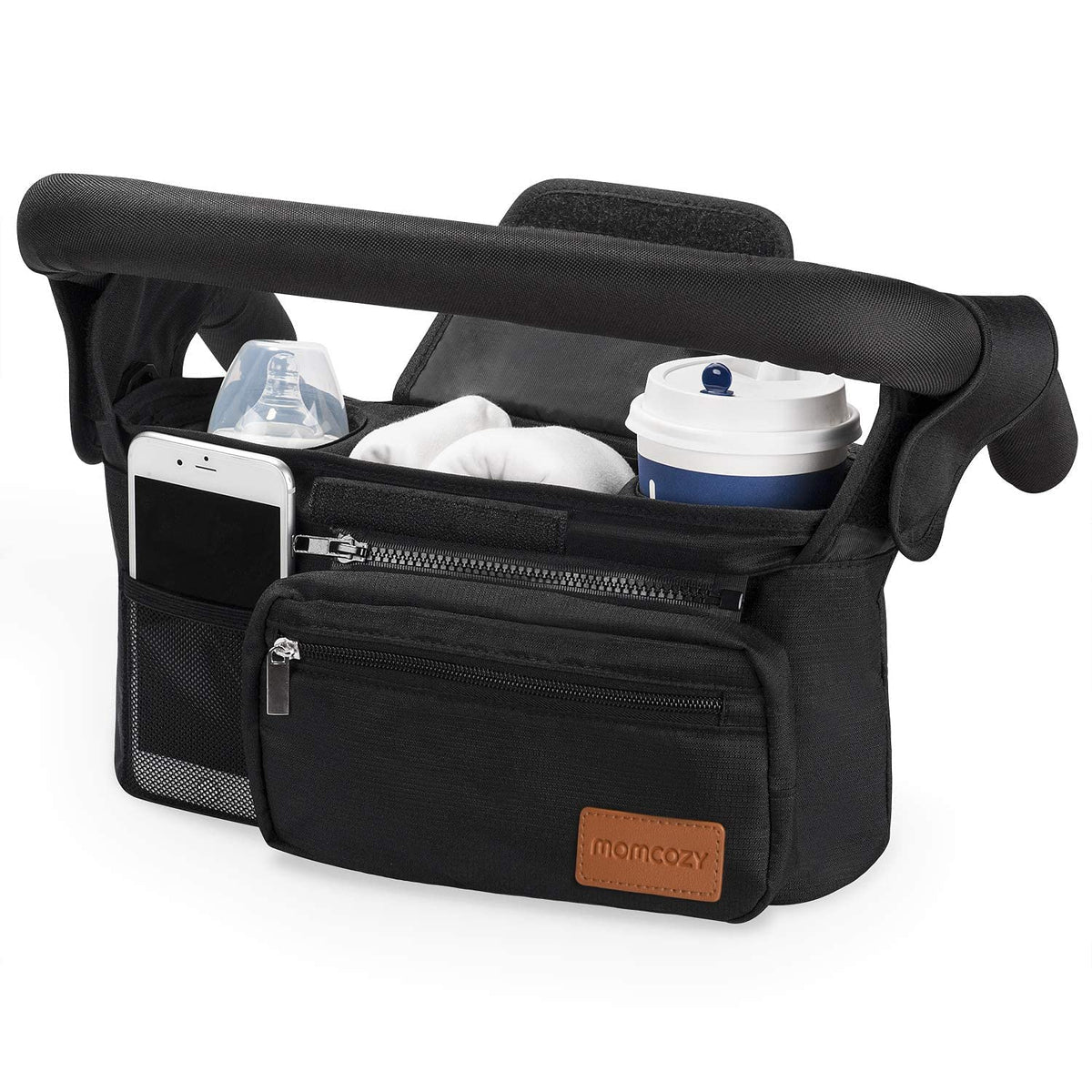 Momcozy organizador frontal mostrando múltiples bolsillos y capacidad para accesorios