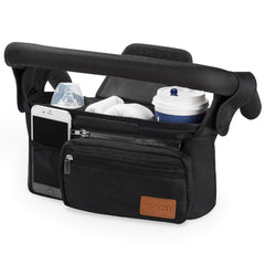 Momcozy organizador frontal mostrando múltiples bolsillos y capacidad para accesorios