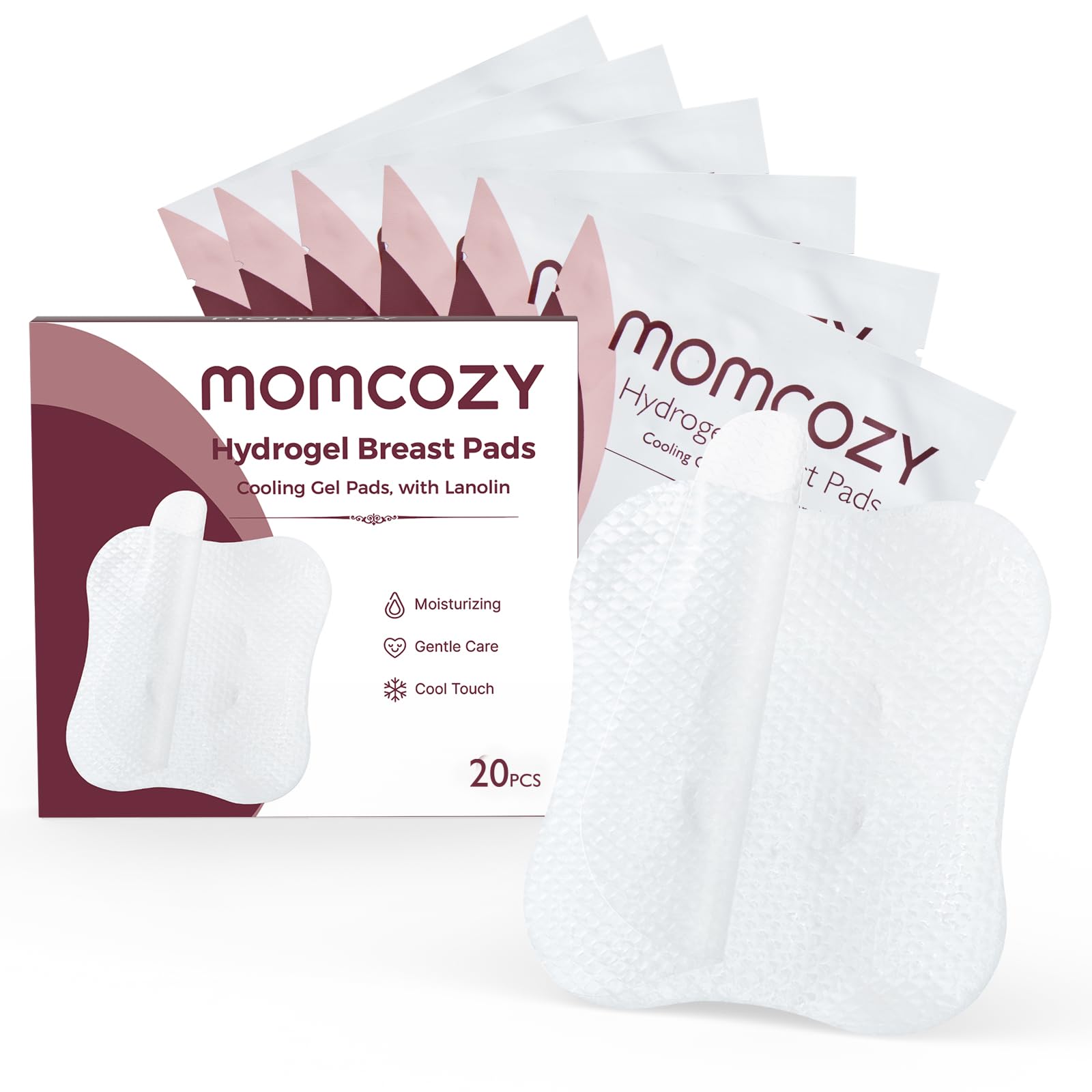 Momcozy empaque frontal mostrando 20 parches para alivio refrescante