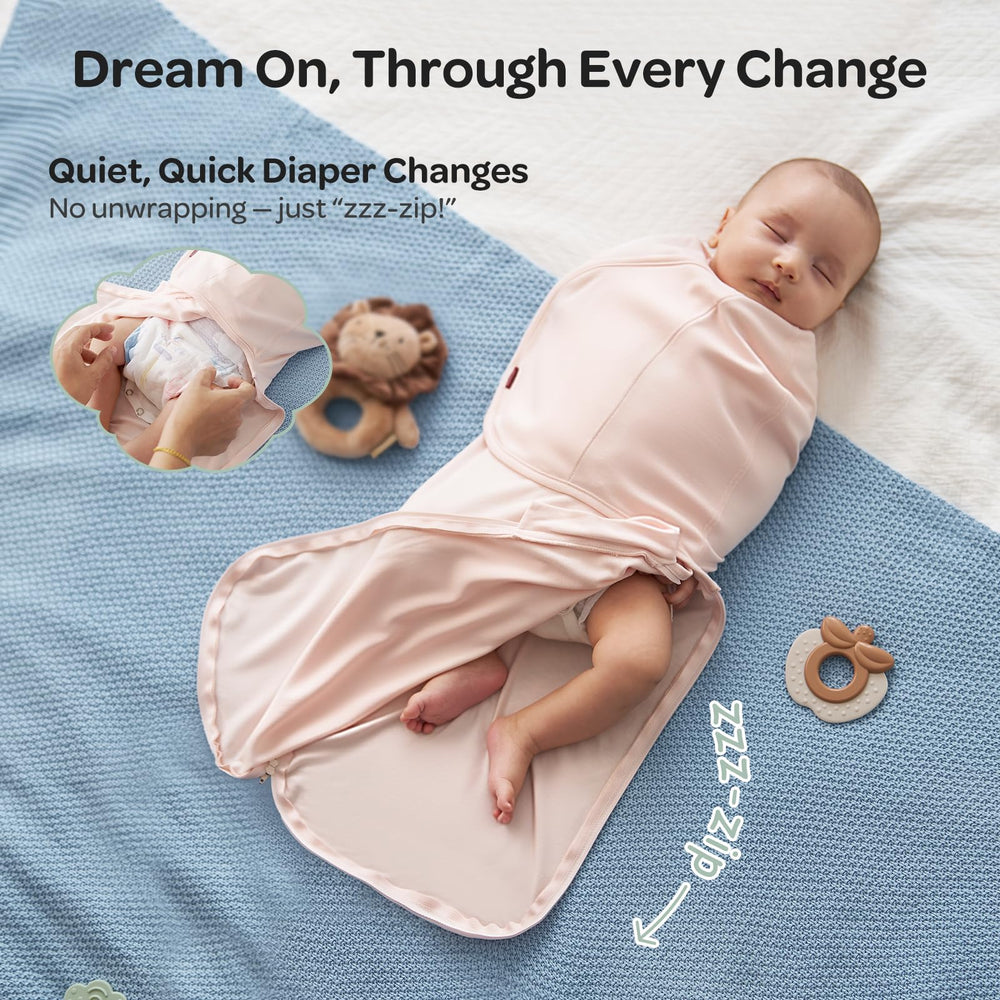 Momcozy swaddle puesto en recién nacido mostrando envoltura segura