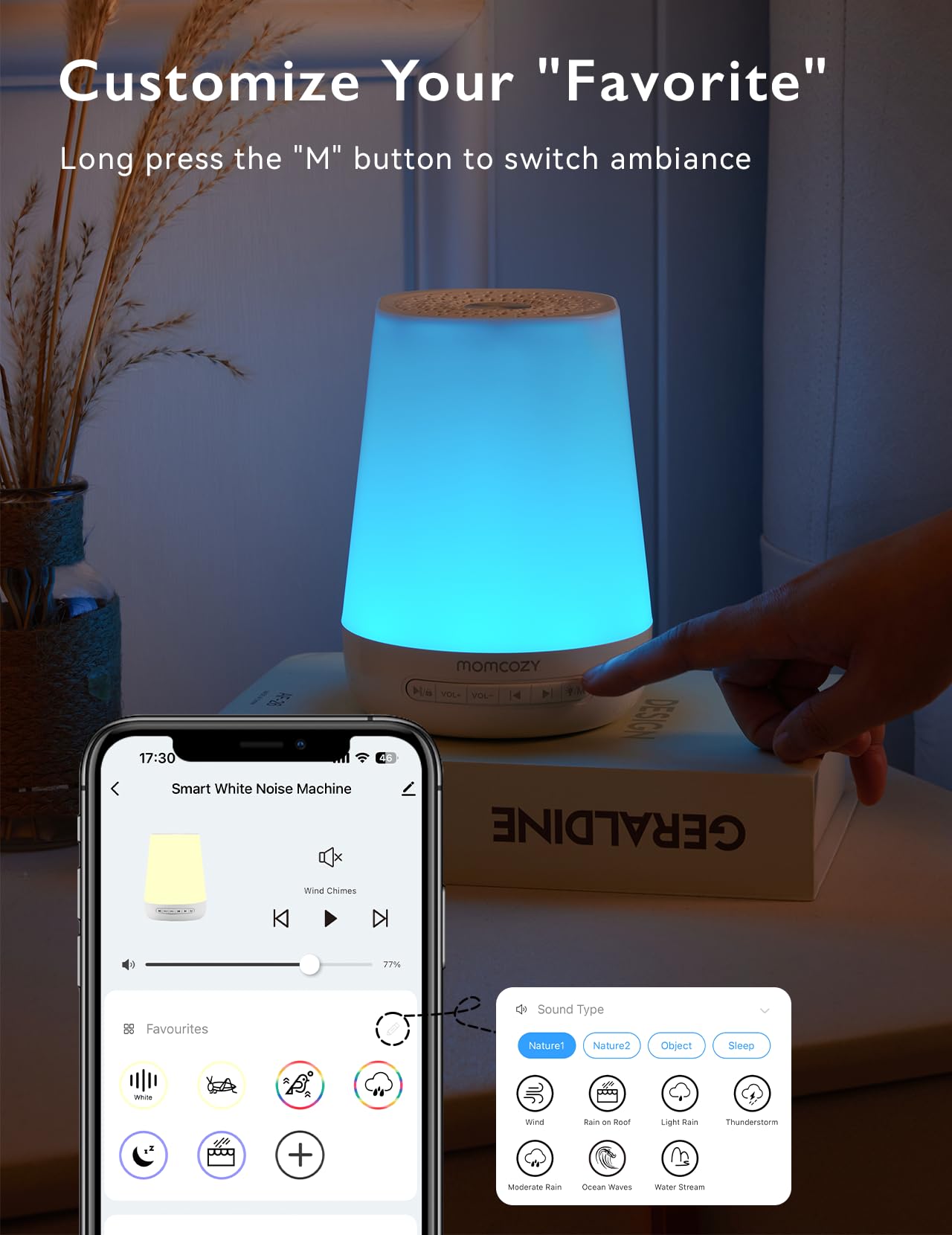 Momcozy device display listing sound options, provides many high-fidelity soothing choices
