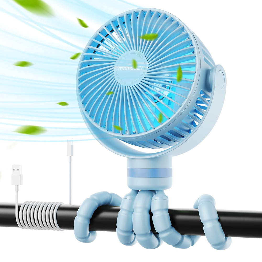 Momcozy front view showing compact fan and clip for easy mounting