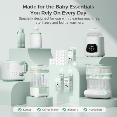 Momcozy tableta disolviéndose en agua caliente, limpieza rápida