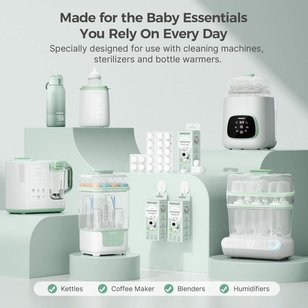Momcozy tableta disolviéndose en agua caliente, limpieza rápida