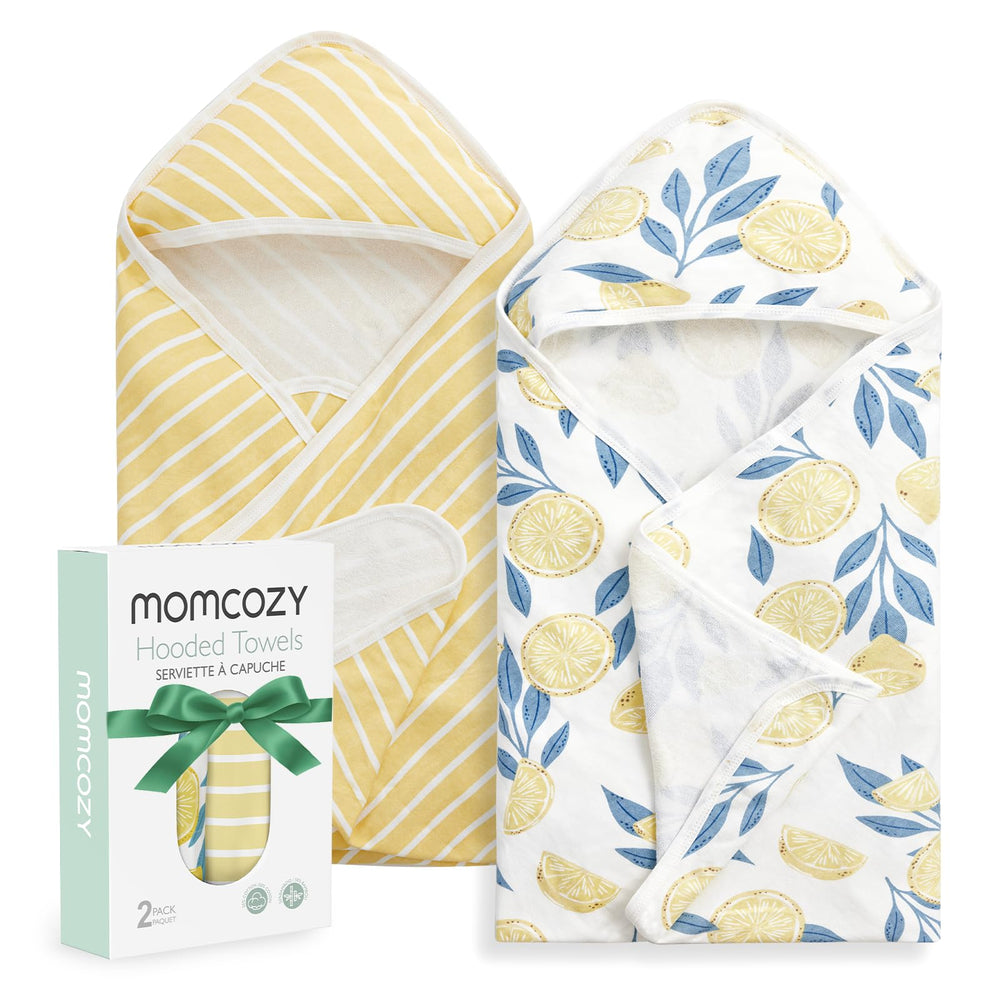 Momcozy toalla con capucha frontal muestra diseño Lemon y comodidad