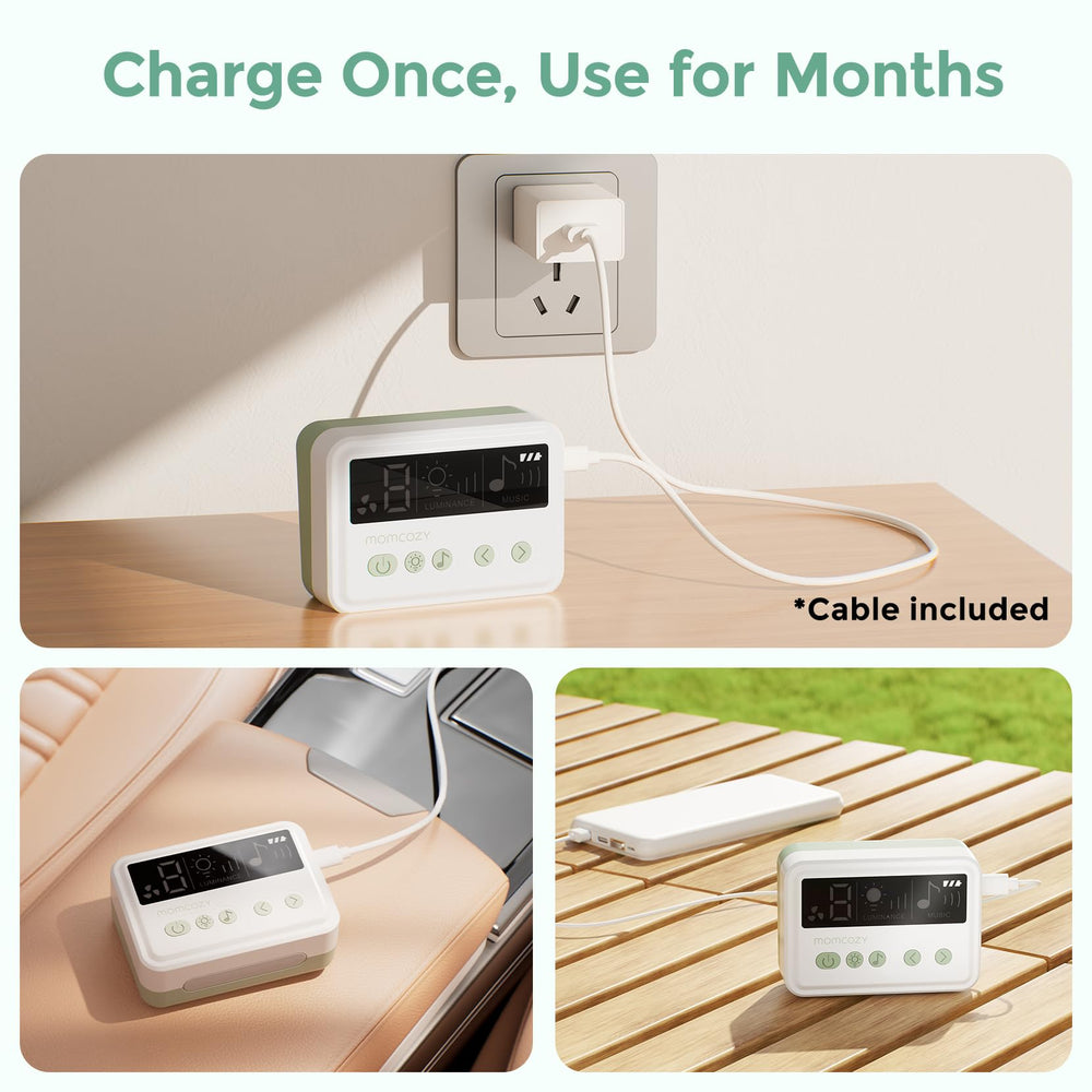 Momcozy USB-C cable connected to aspirator for fast, convenient recharging