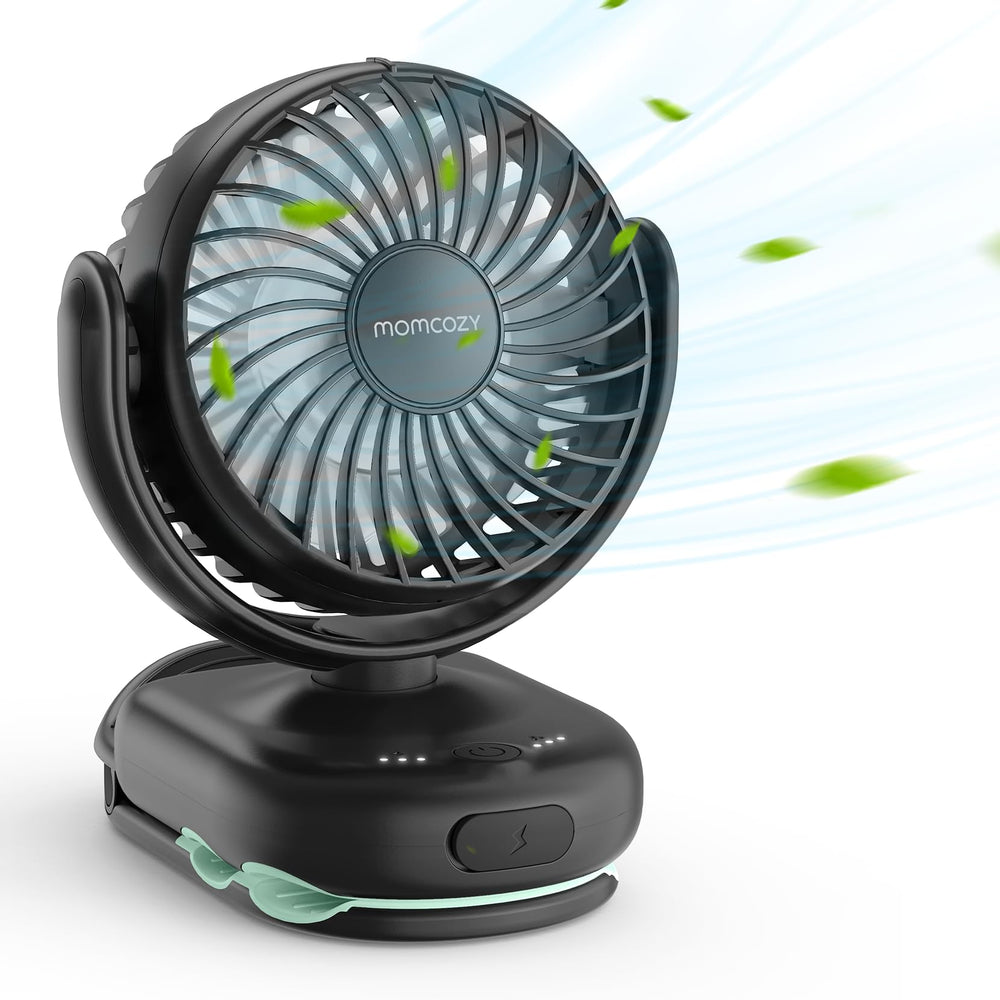 Momcozy ventilador frontal mostrando diseño compacto y ligereza para transporte