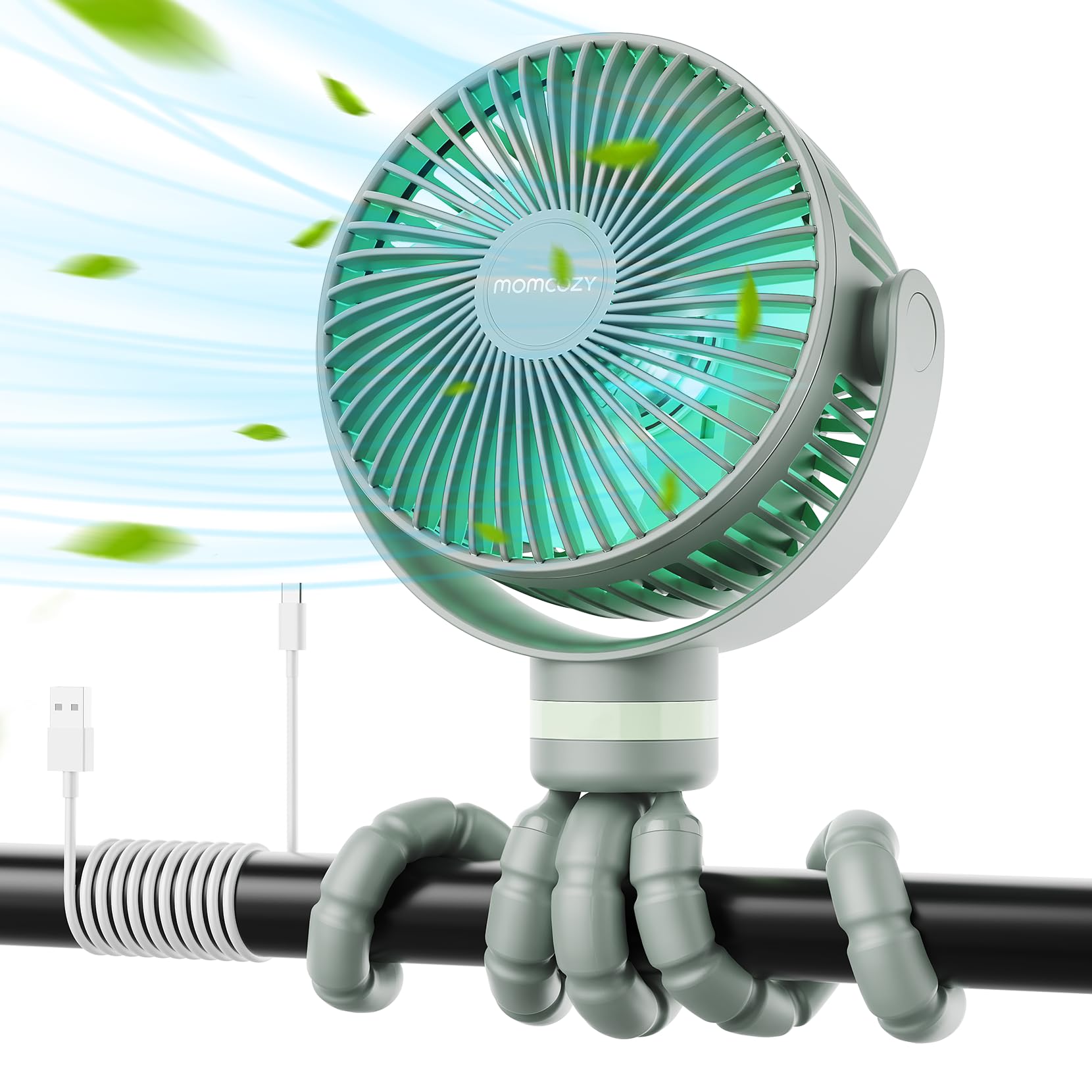 Momcozy ventilador frontal mostrando diseño compacto y portabilidad