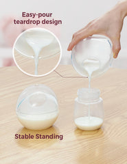 Momcozy vertiendo leche sin derrames al transferir a bolsa de almacenamiento