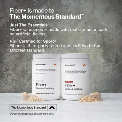 Momentous Fiber+ etiqueta nutricional en detalle, información clara de fibra por porción