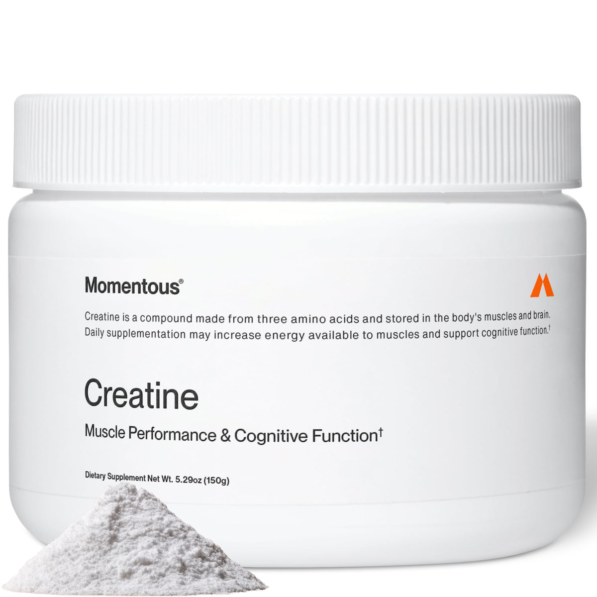 Momentous jar front view showcasing unflavored creatine and clean packaging benefit